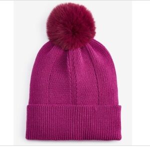 NWT - Macy’s On 34th - Women's Multi-Stitch Faux-Fur Purple Pom Pom Beanie
